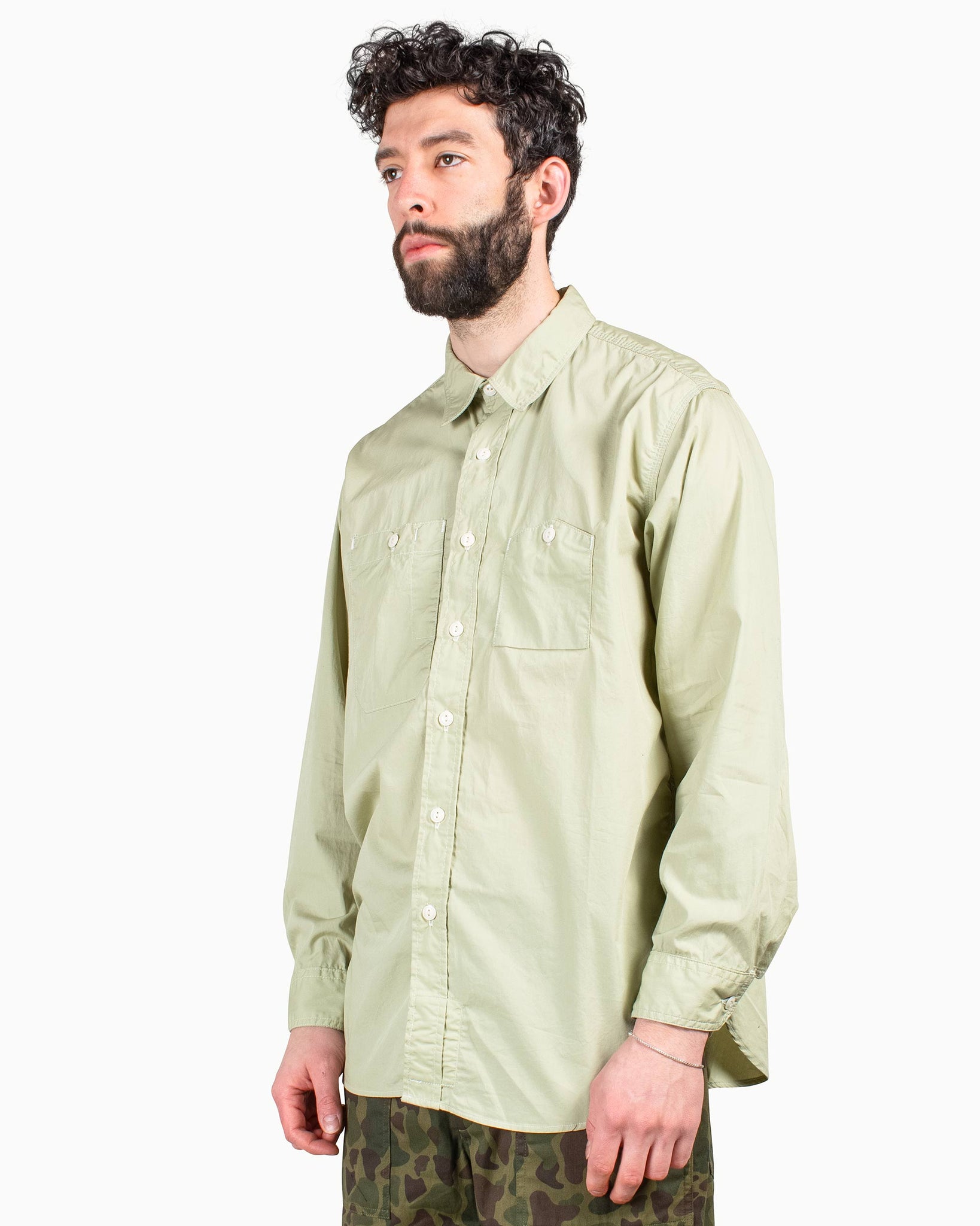 Engineered Garments Work Shirt Lime Superfine Poplin Model Side