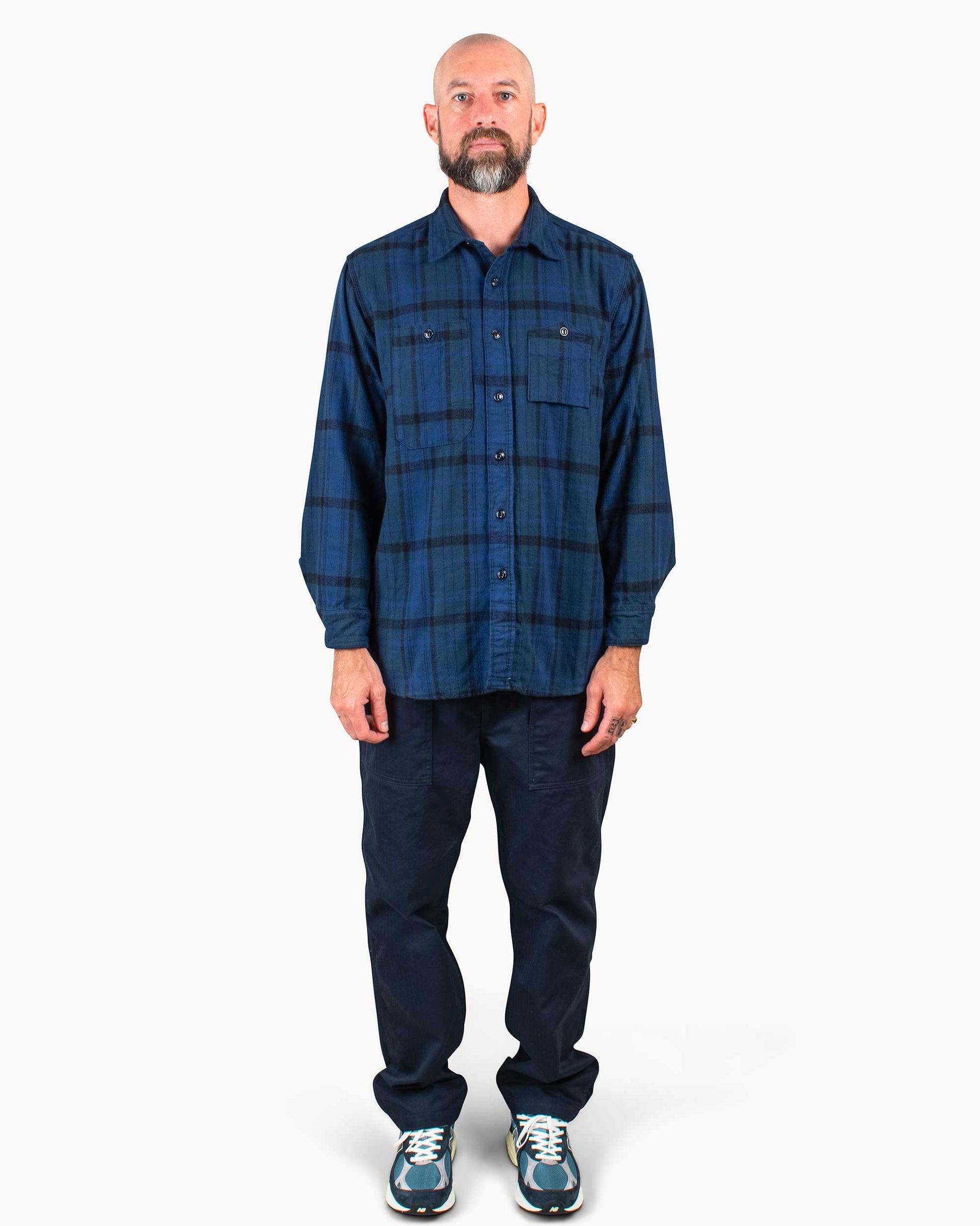 Engineered Garments Work Shirt Navy/Black Plaid Cotton Flannel Model