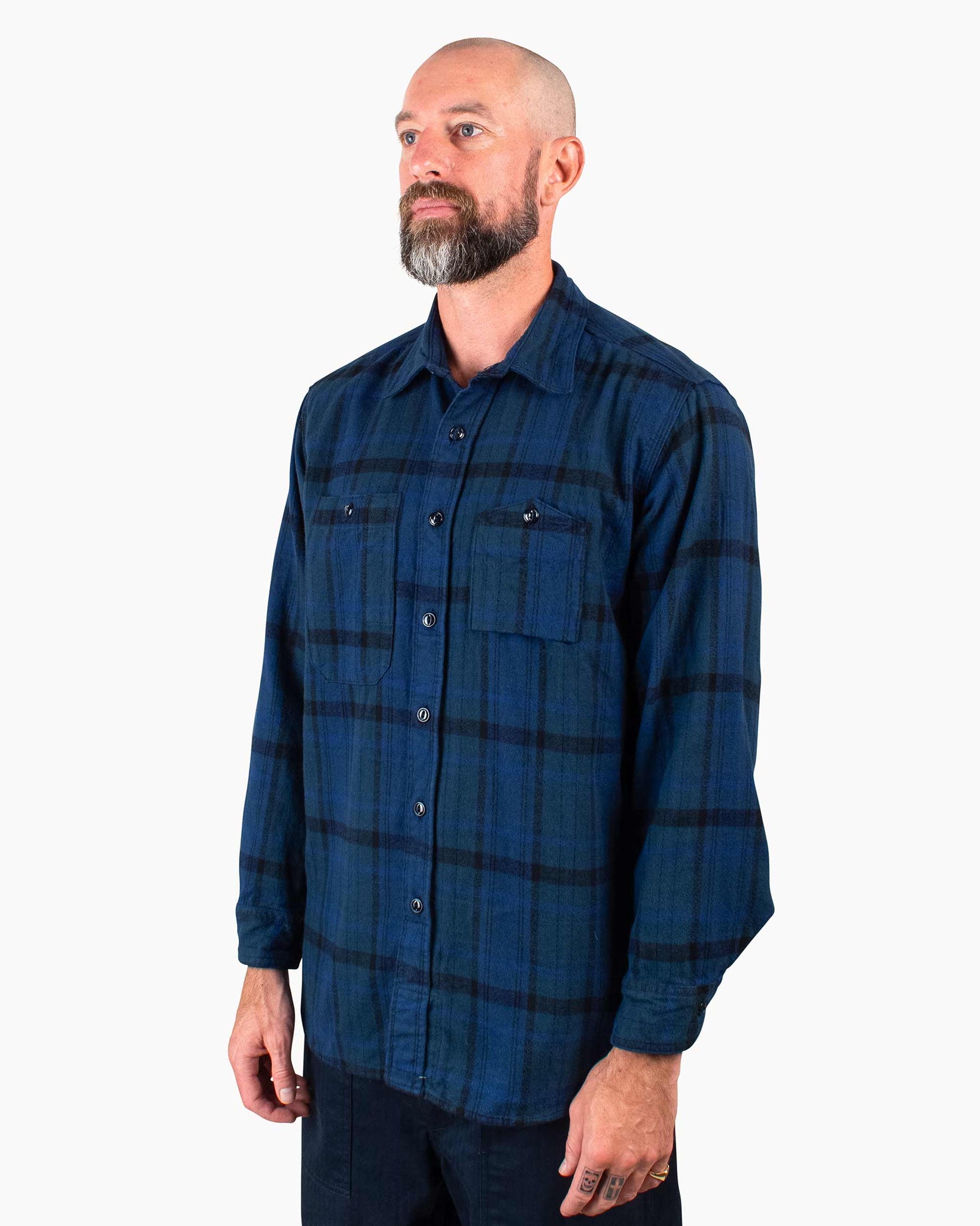 Engineered Garments Work Shirt Navy/Black Plaid Cotton Flannel Close