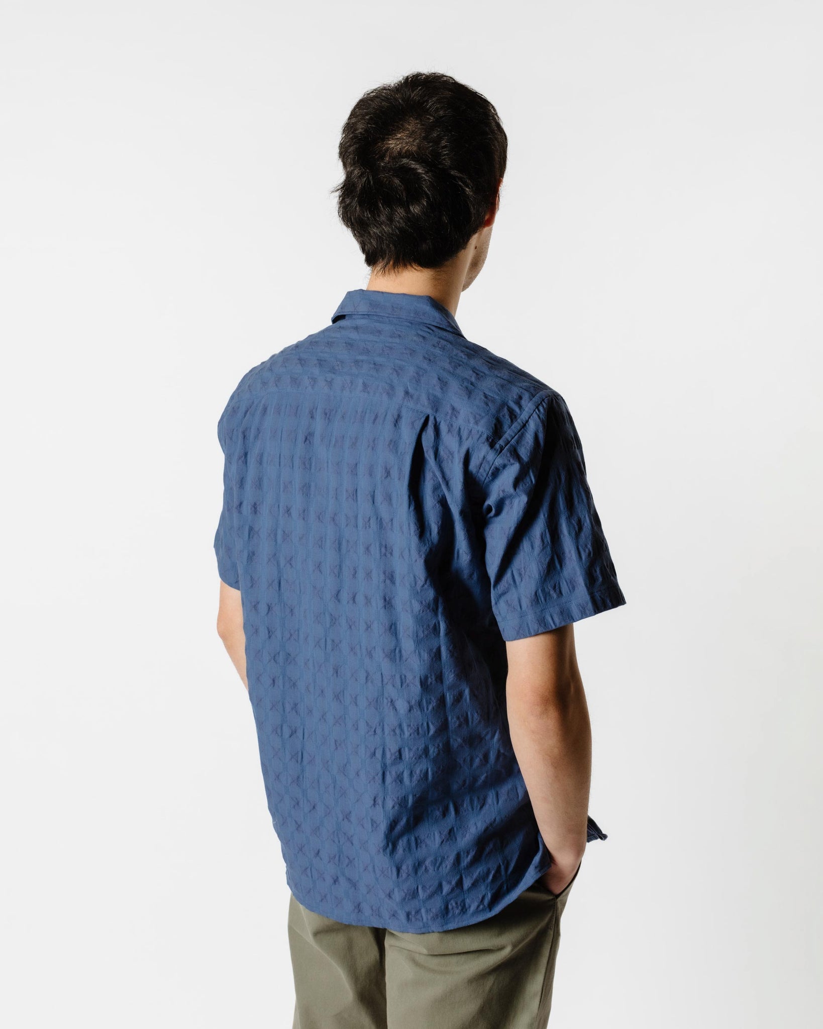 Gitman Vintage Bros. Blue Japanese Ripple Jacquard Camp Collar Shirt Back