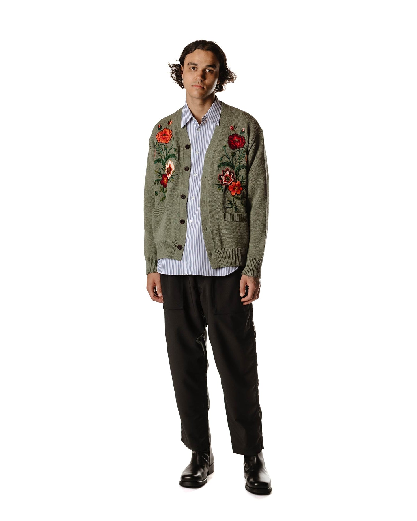 Junya Watanabe MAN Cotton Flower Embroidery Cardigan Green Model