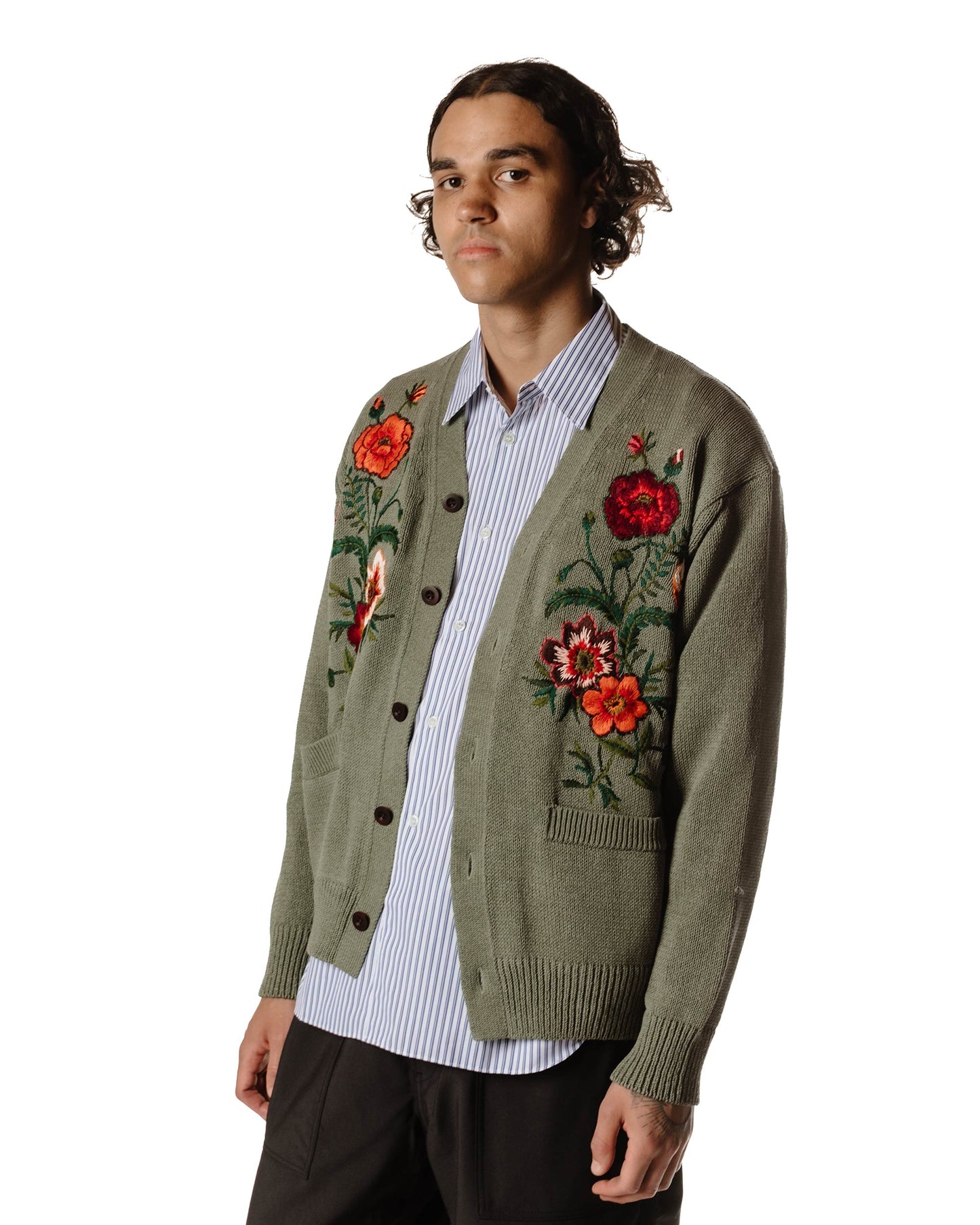 Junya Watanabe MAN Cotton Flower Embroidery Cardigan Green Close