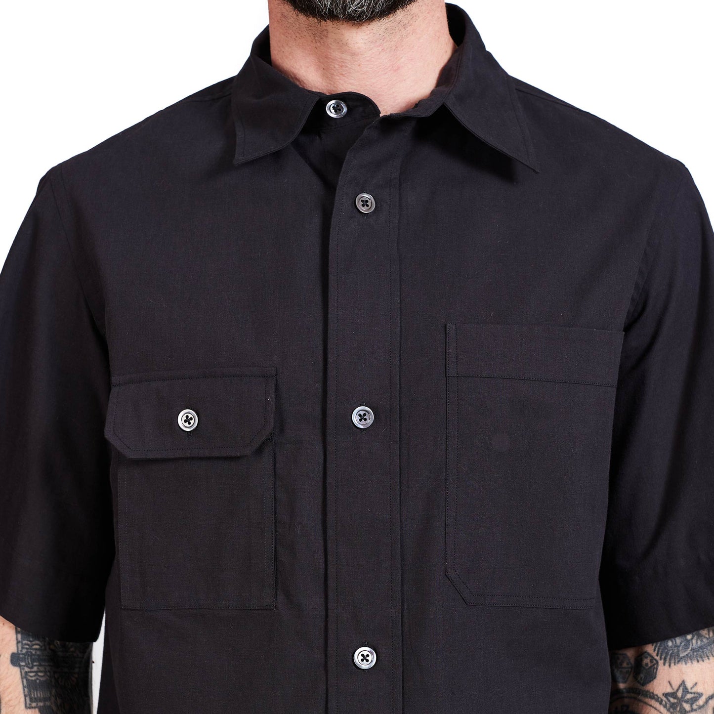 Margaret Howell Short Sleeve Odd Pocket Shirt Dense Cotton End On End Black