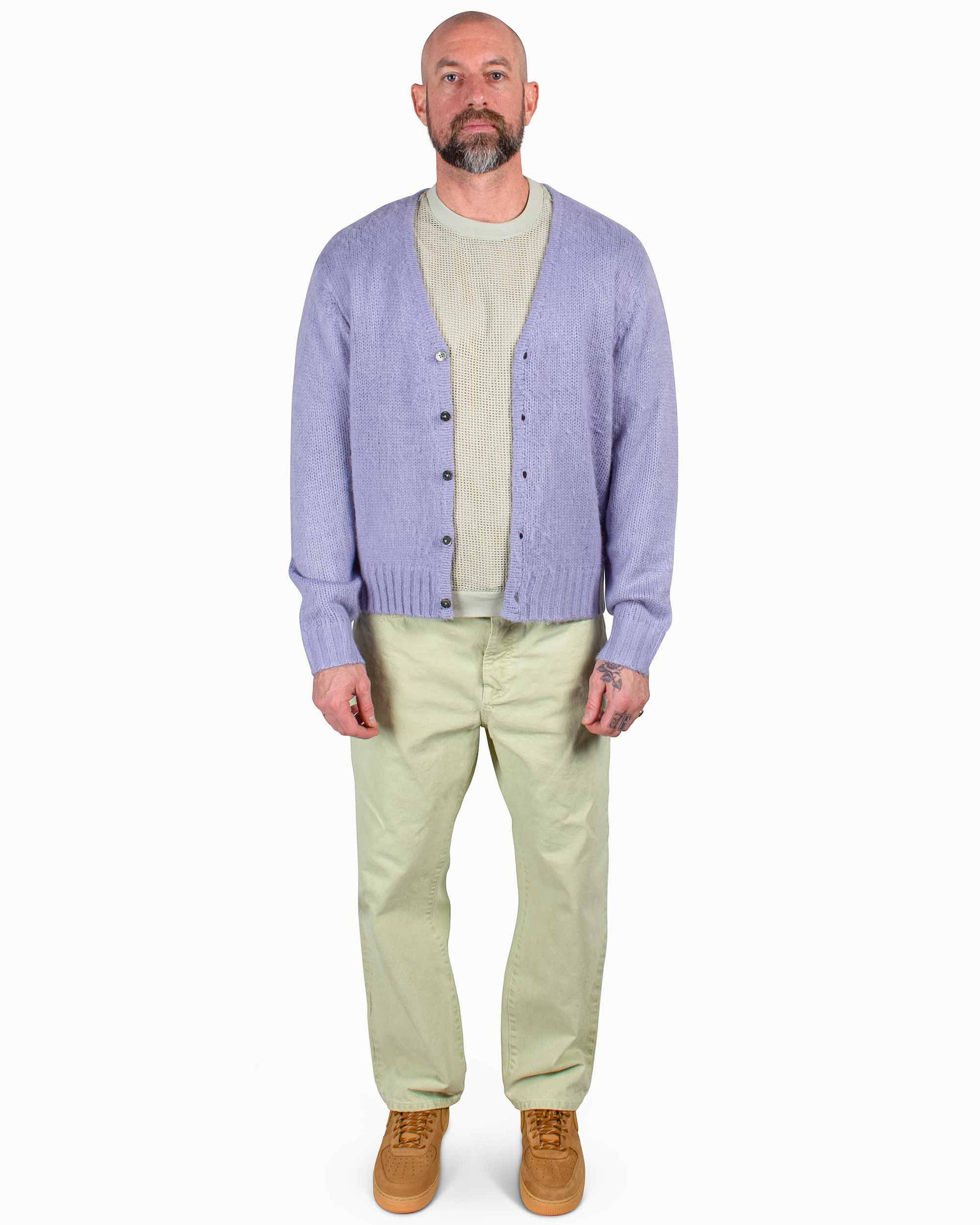 Stüssy Brushed Cardigan Lavender Model Front