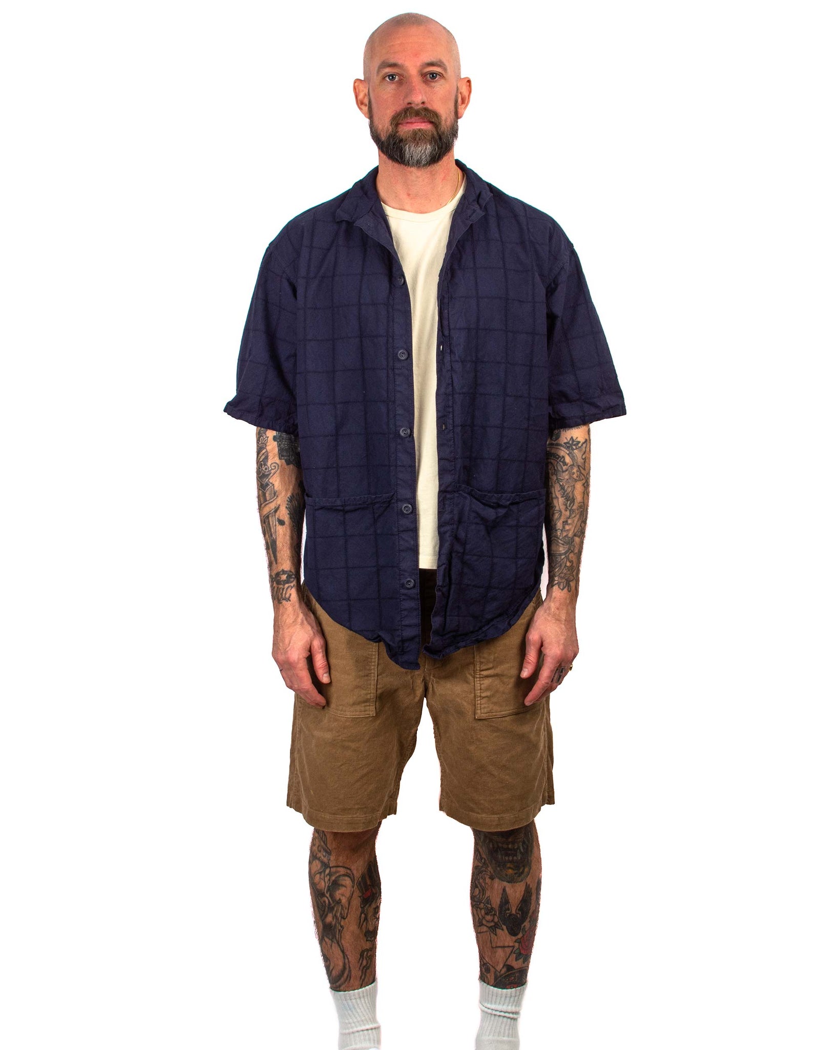 Tender Type 443 Short Sleeve Compass Pocket Shirt Beekeeper's Check Cotton Calico Hadal Blue Model