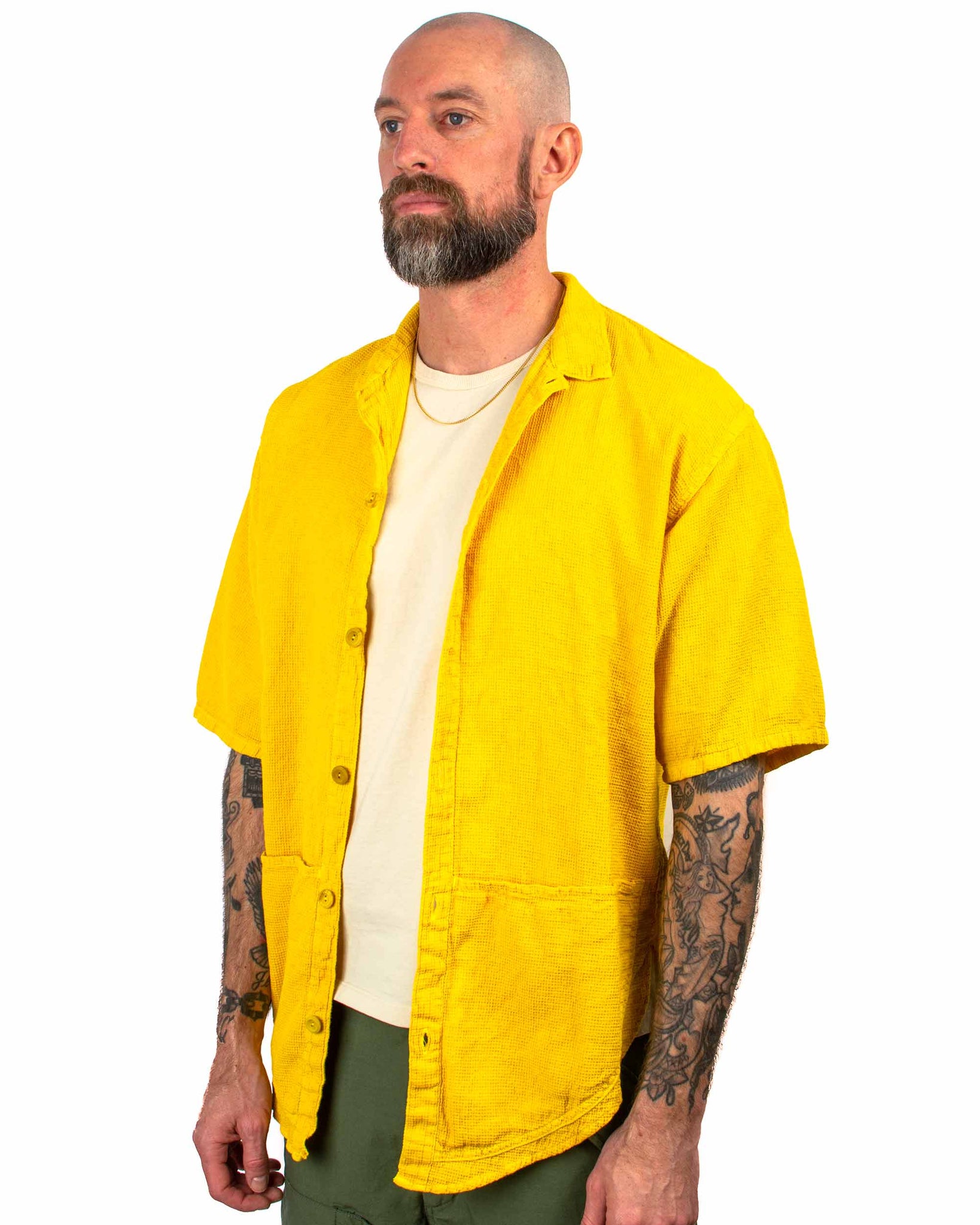 Tender Type 443 Short Sleeve Compass Pocket Shirt Fine Cotton Beekeeper's Cloth Tumeric Dyed Close