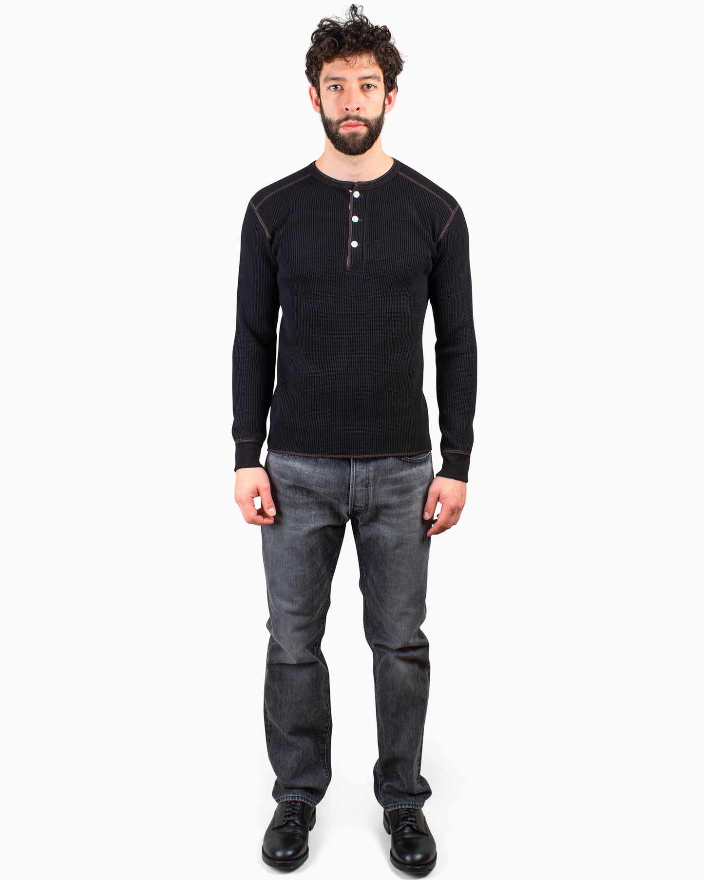 The Real McCoy's MC17117 Waffle Henley Shirt L/S Black Model