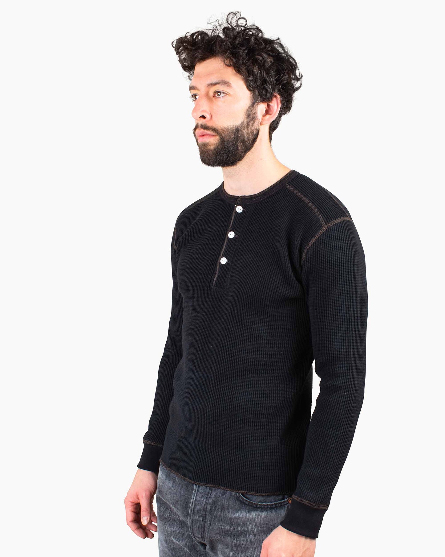 The Real McCoy's MC17117 Waffle Henley Shirt L/S Black Close