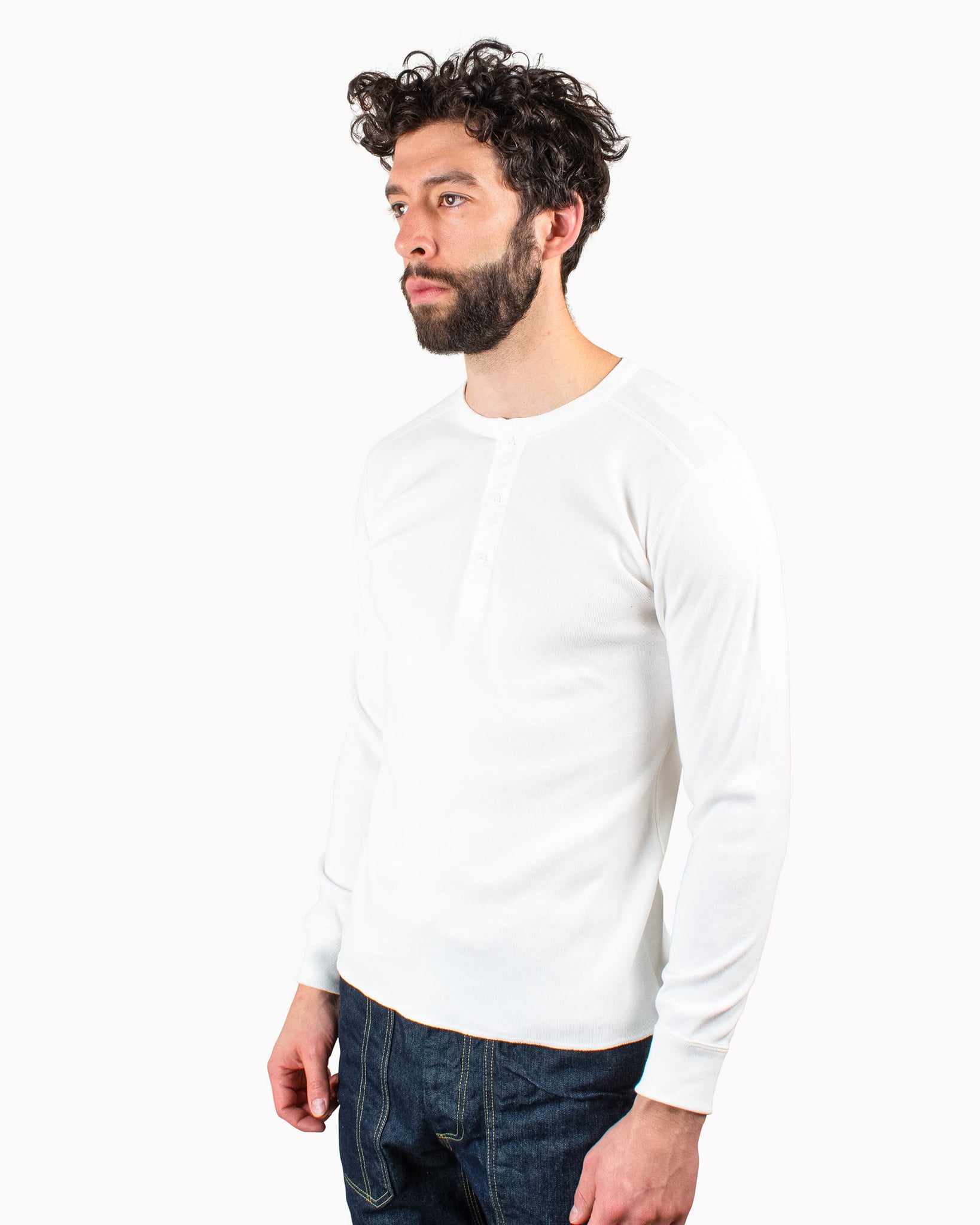 The Real McCoy's MC17117 Waffle Henley Shirt L/S White Close