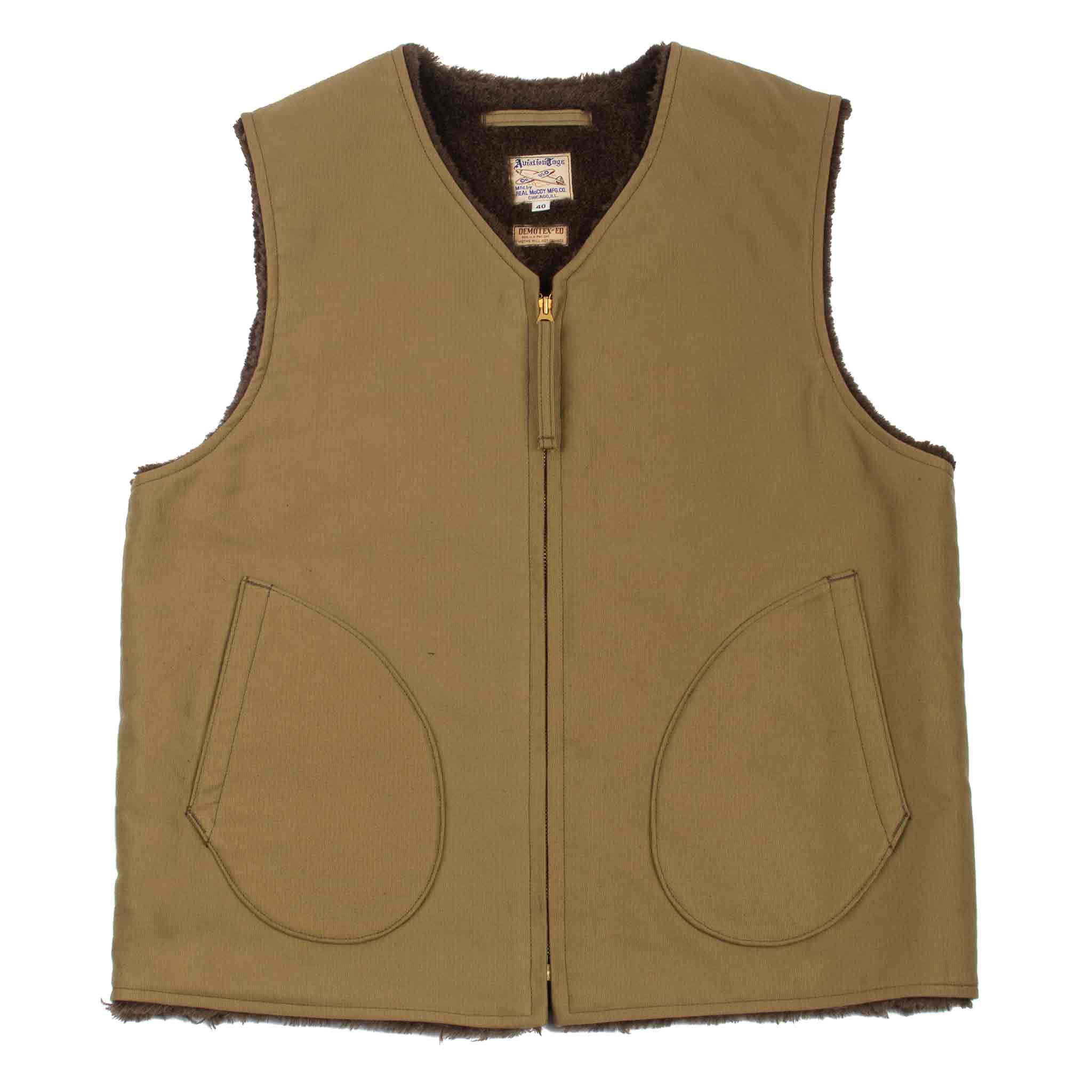The Real McCoy's MJ19105 Vest, Alpaca, Pile-Lined Khaki