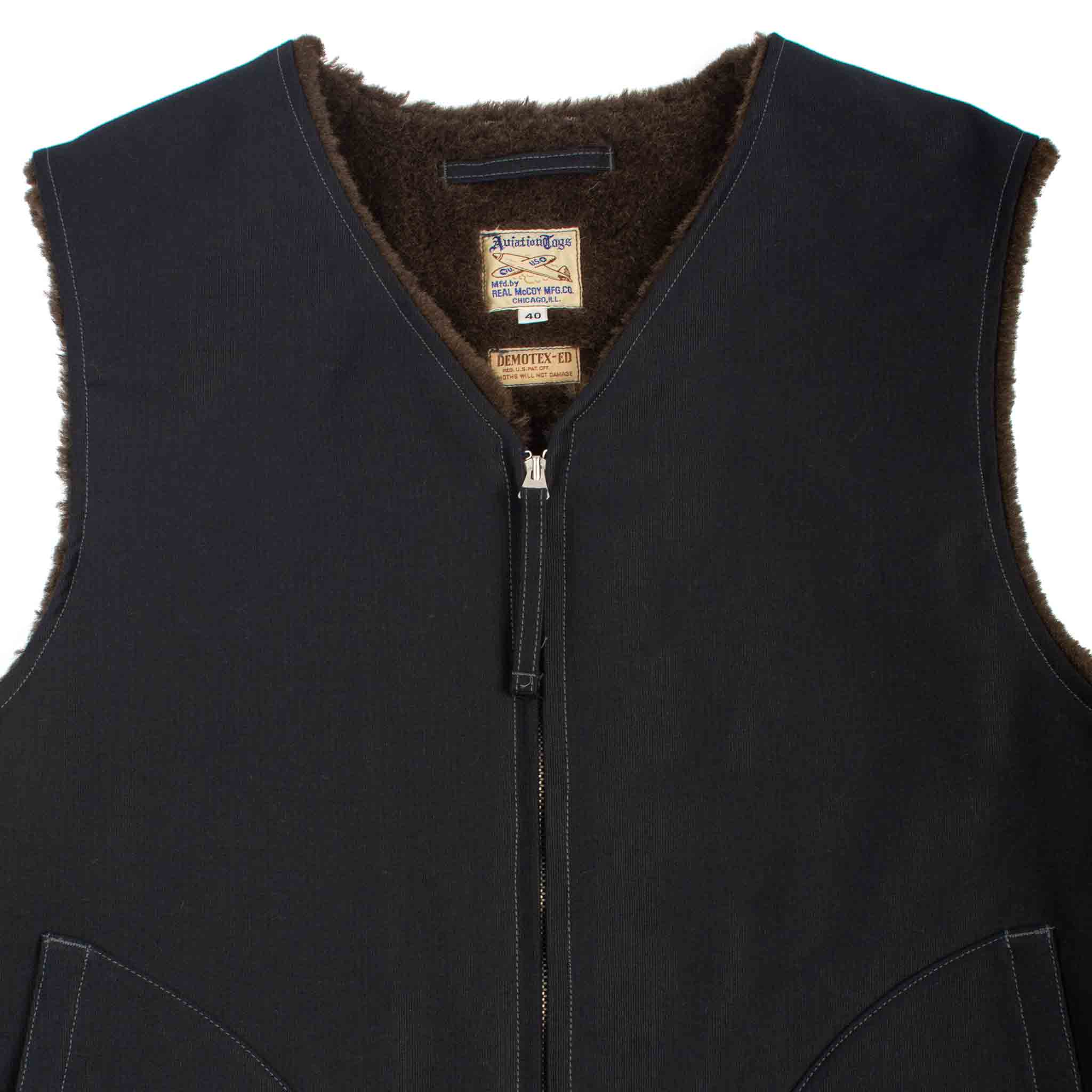 The Real McCoy's MJ19105 Vest, Alpaca, Pile-Lined Navy Detail