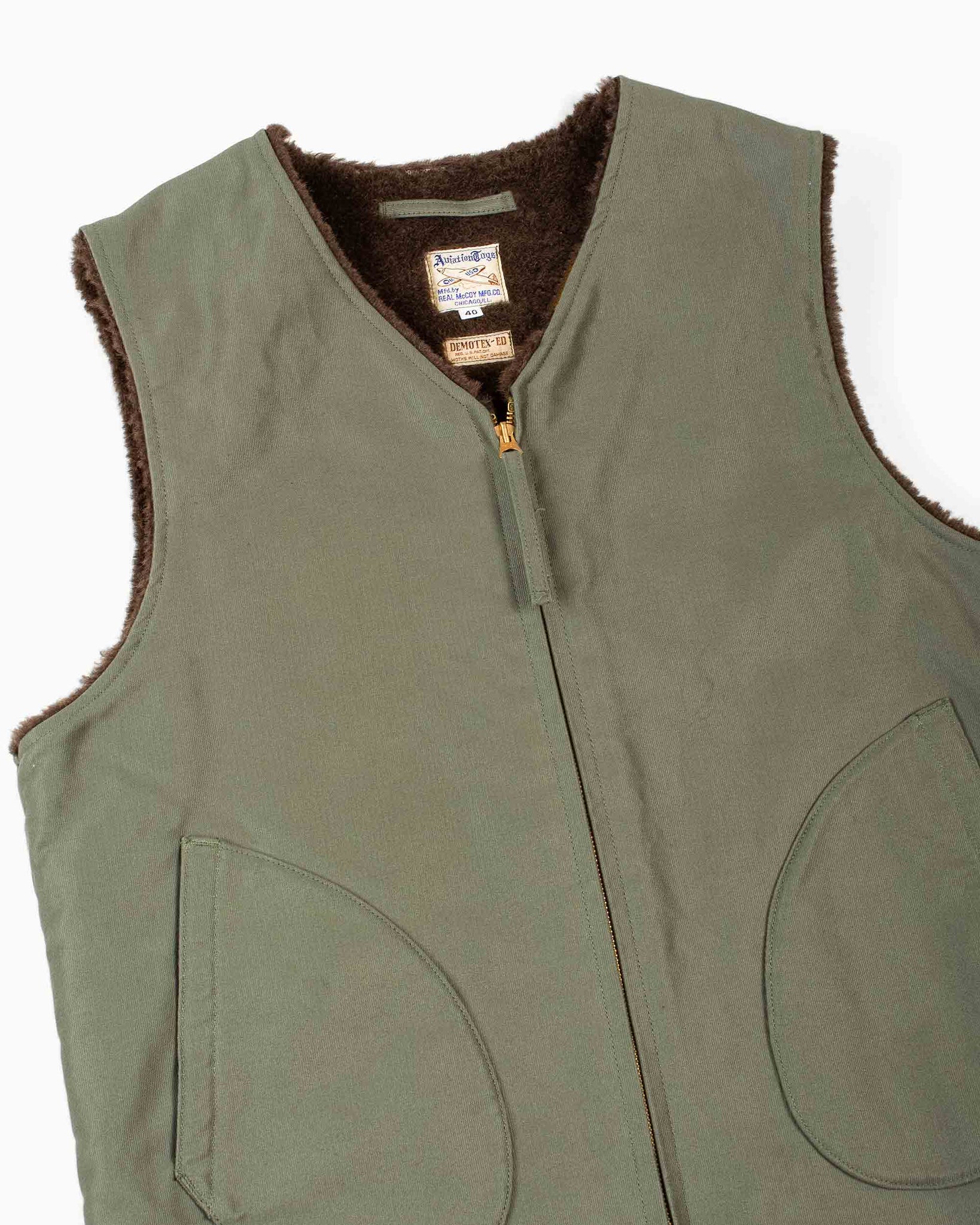 The Real McCoy's MJ19105 Vest, Alpaca, Pile-Lined Olive