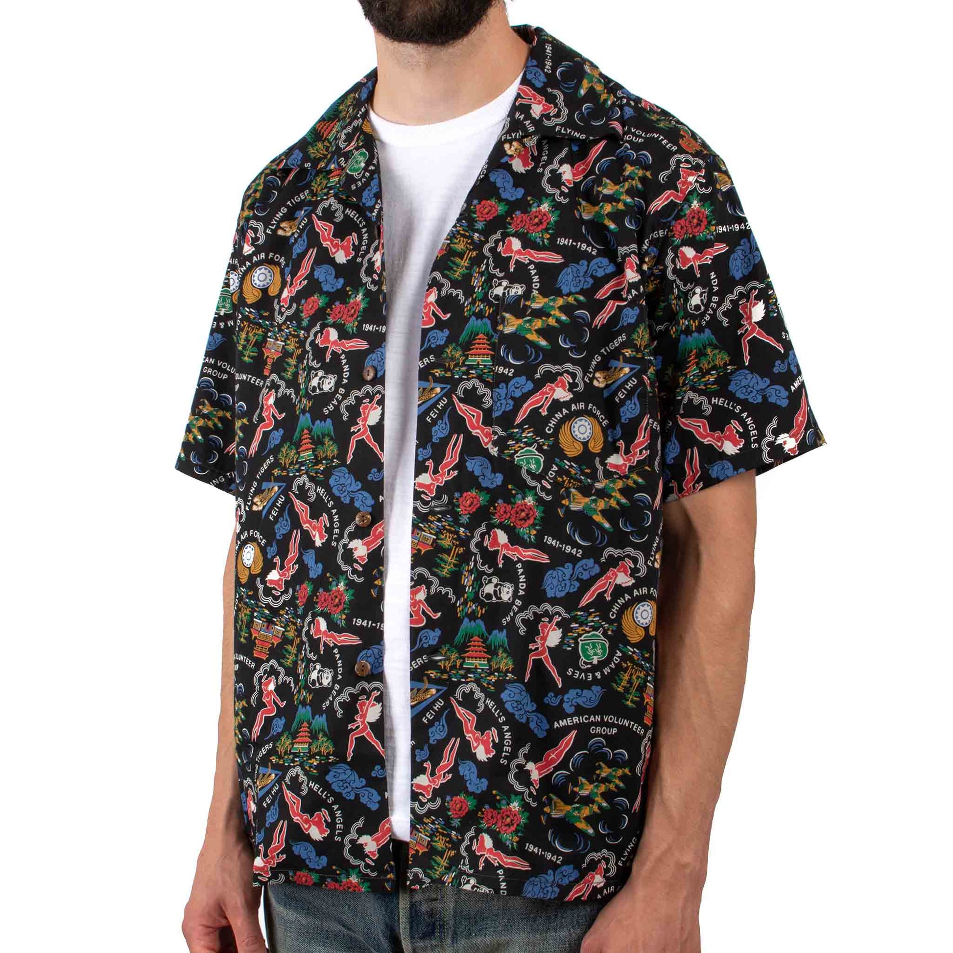 The Real McCoy's MS21002 Cotton Hawaiian Shirt / Flying Tigers Black Close