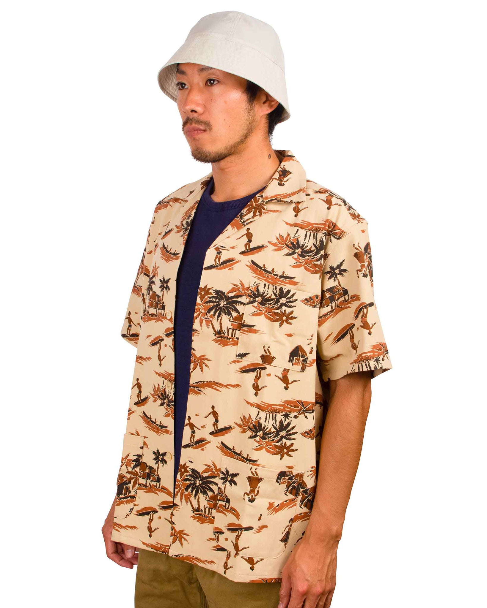 The Real McCoy's MS22009 Open Collar Resort S/S Shirt / Palm Tree Beige Close