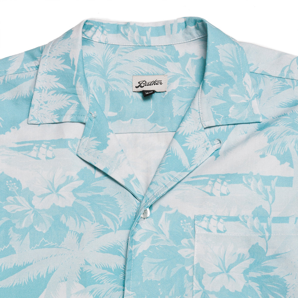 Bather Teal Aloha Camp Shirt at shoplostfound, neck