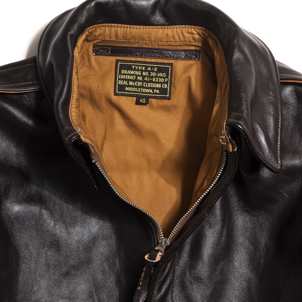 The Real McCoy's MJ12103 A-2 Flight Jacket Seal Brown at shoplostfound in Toronto, collar